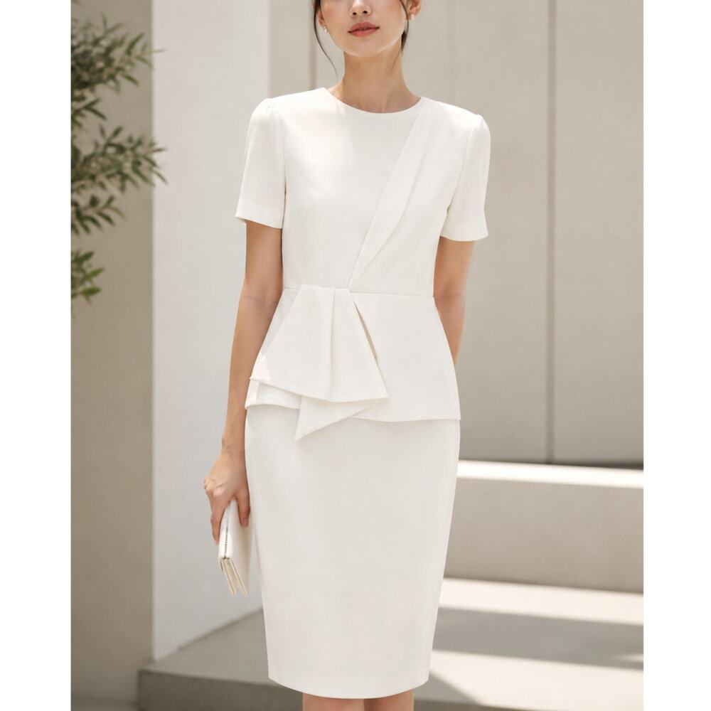 Badgley Mischka NEW Peplum Sheath Dress 6 White Crepe Tailored Cocktail Bridal